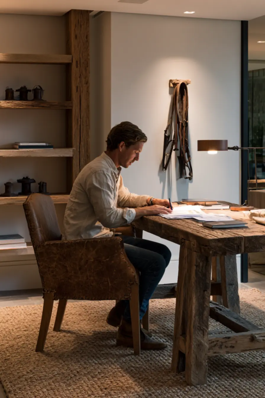 Aged leather office chair with handcrafted stitching in well-lit equestrian-inspired workspace