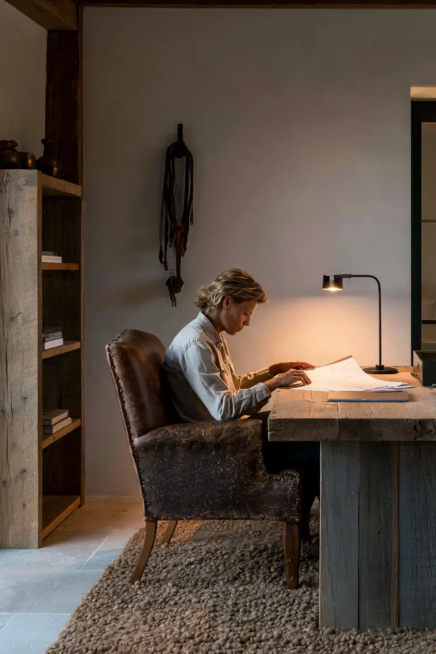 Amber desk lamp casting soft glow over brown wool rug in warm equestrian home office