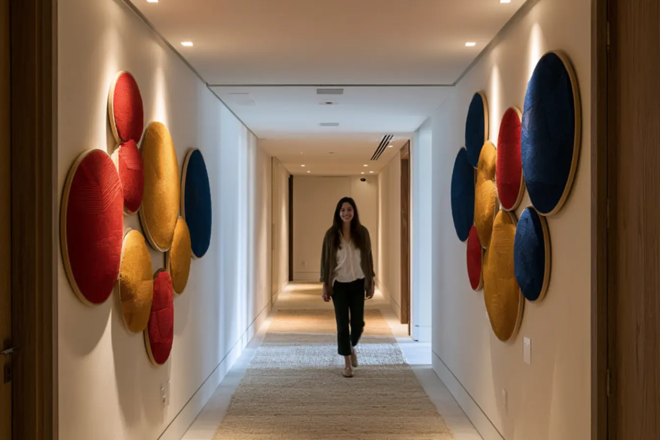 Artificial lighting enhancing saturated fabric colors and geometric wall patterns