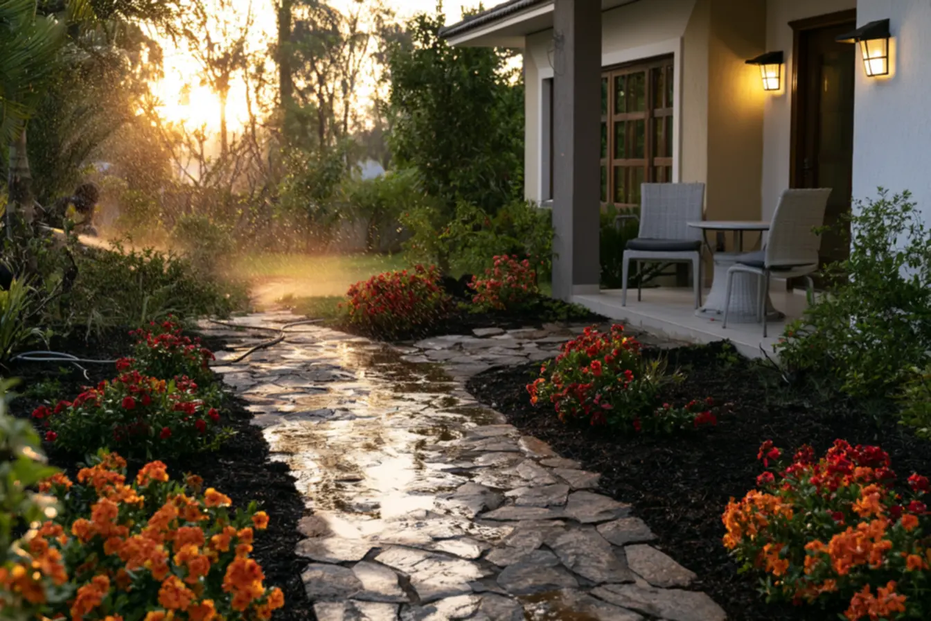 Bright orange and red flowers in pots contrasting with dark mulch for vibrant garden entry