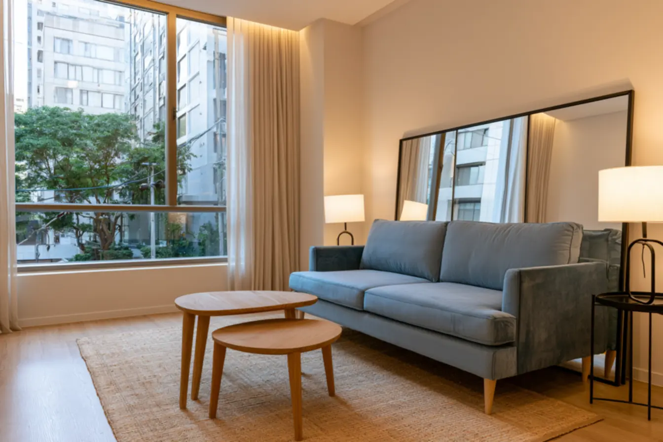 Decor for small spaces with large black metal framed floor mirror and translucent beige curtains