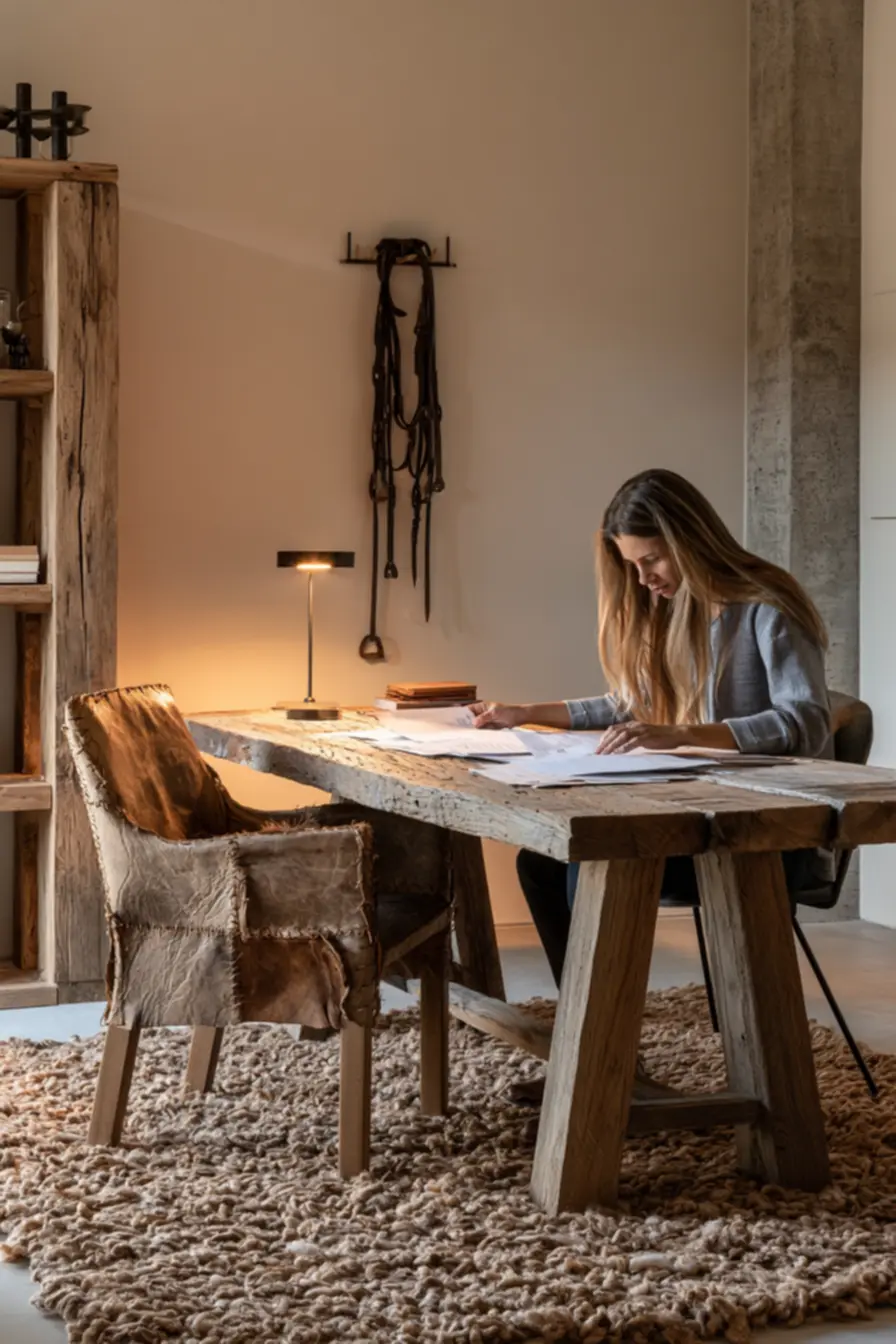 Classic equestrian riding crop displayed on wooden wall in home office with reclaimed wood desk
