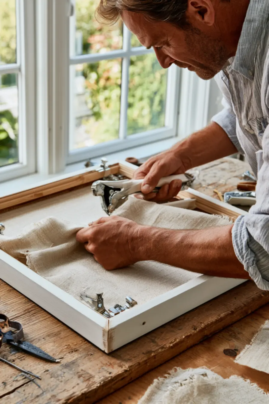 Close-up of hands stapling beige linen fabric onto white wooden frame for wall decor