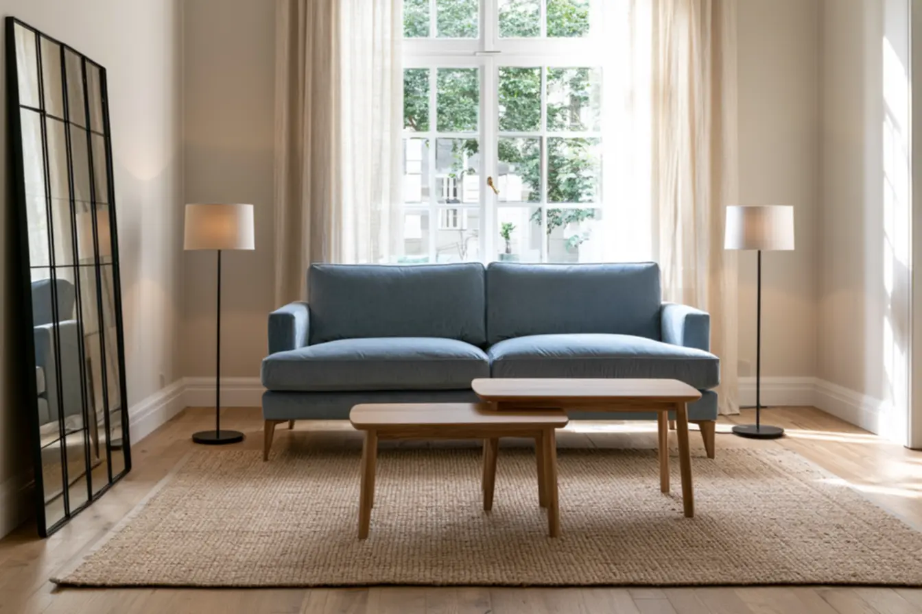 Decor for small spaces with blue velvet loveseat and walnut nested coffee tables under warm white walls
