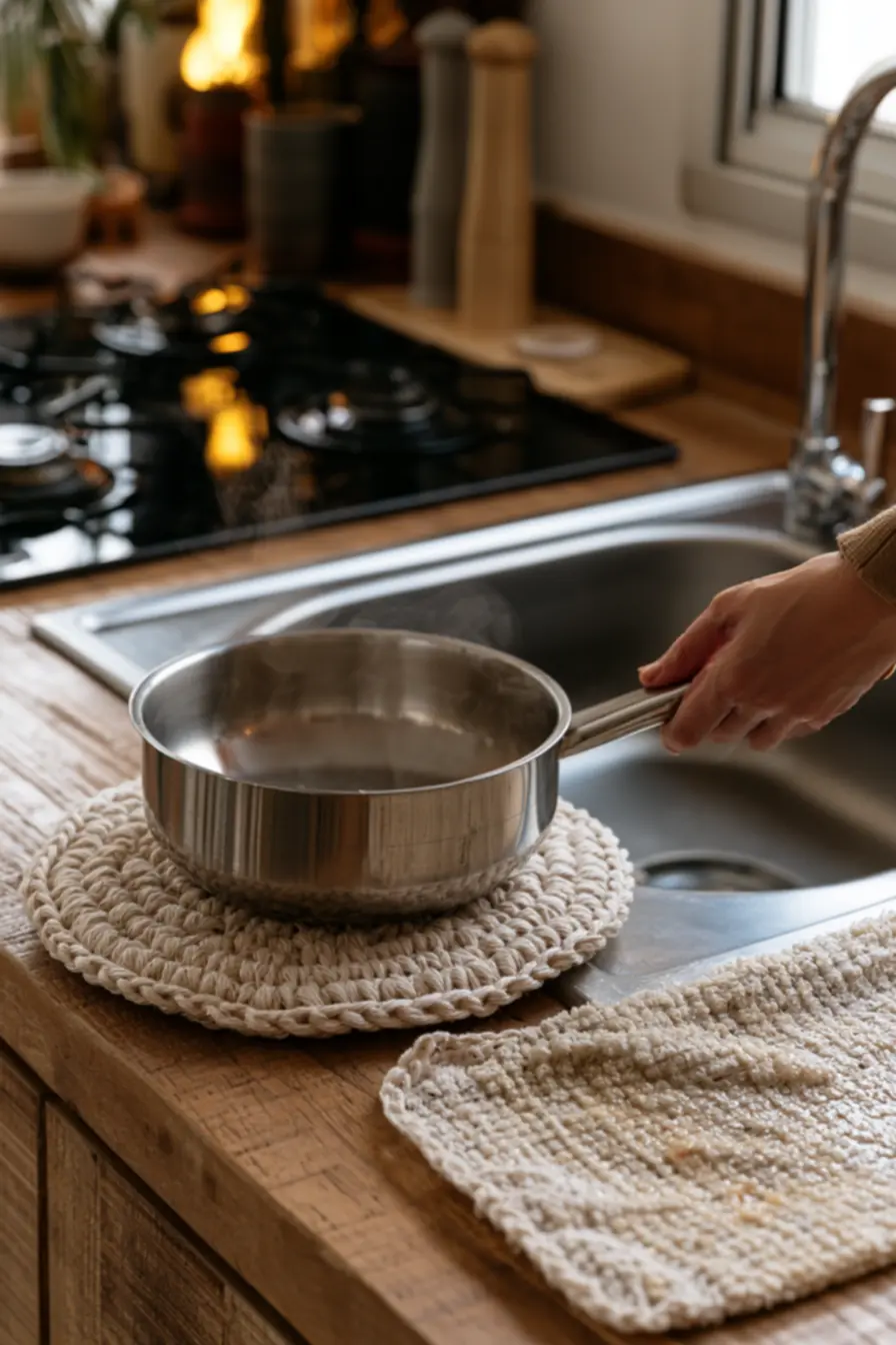 Cotton yarn white crochet hot pad in dense single crochet stitch protecting kitchen counter from heat