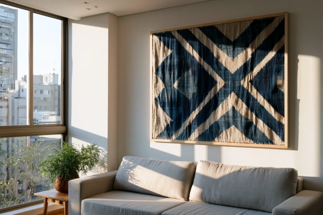 Cozy living room with cotton canvas fabric wall decor stretched on light wood frame