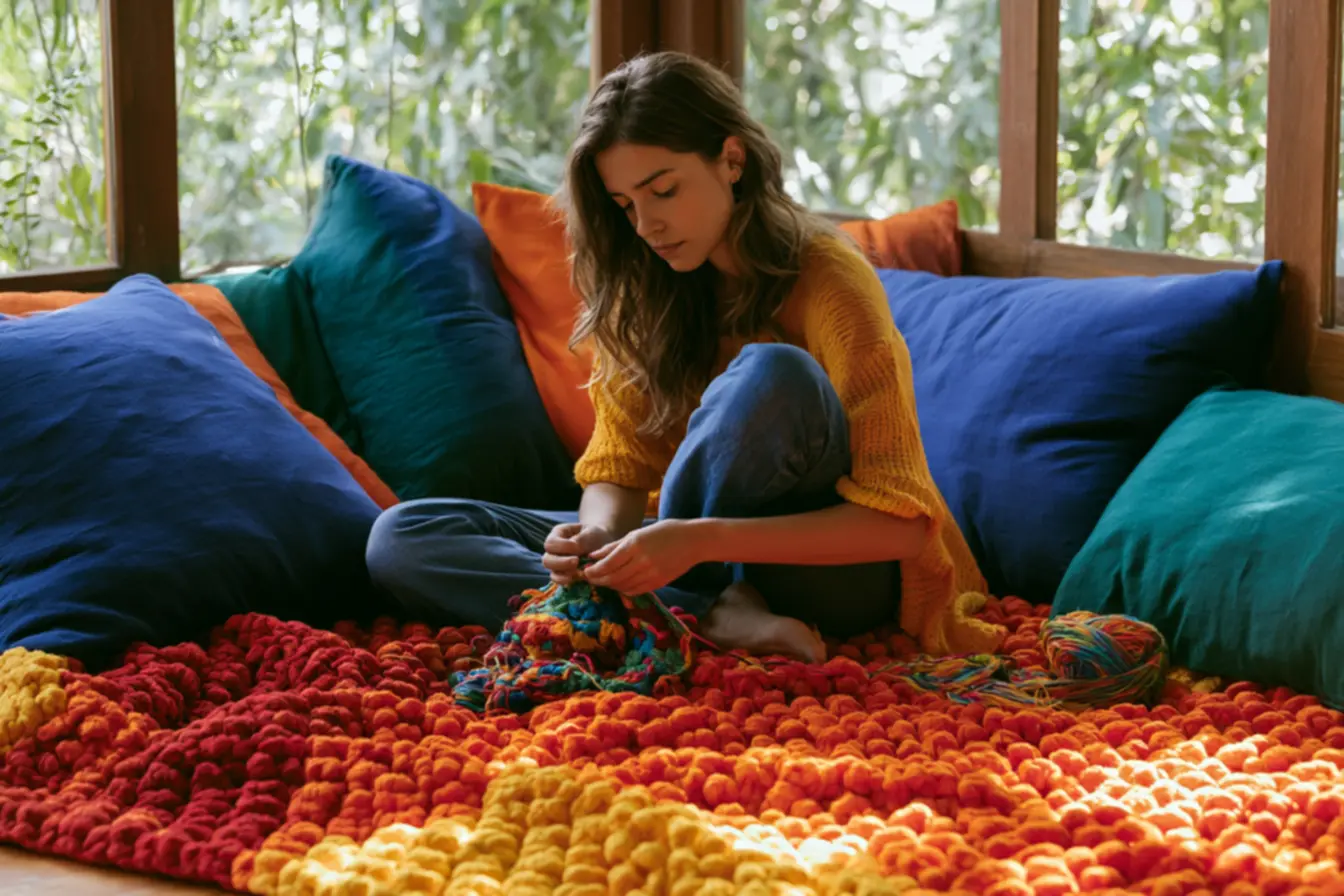 Creative crochet process captured in energetic home environment with dynamic and durable decorative pieces