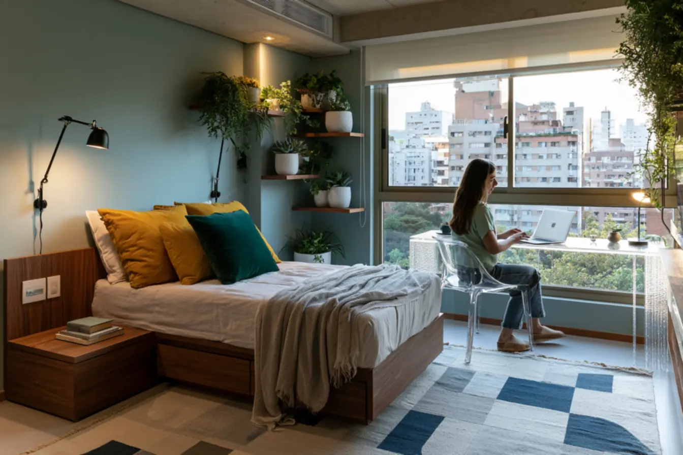 Creative small bedroom styling with floating shelves and geometric neutral rug for decor of small spaces