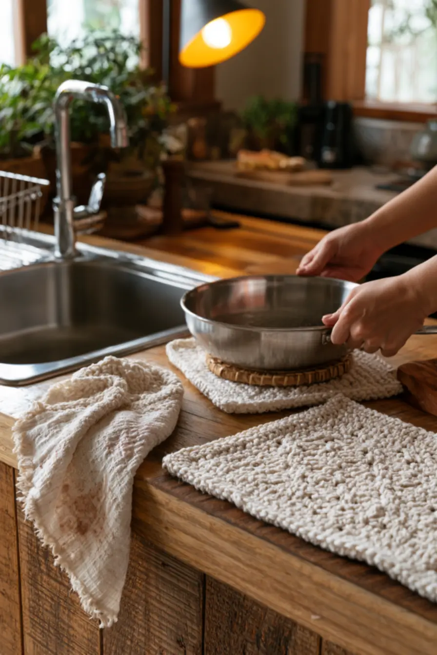 Crochet patterns perfect for heat-resistant and quick drying home decor accessories in rustic kitchen space