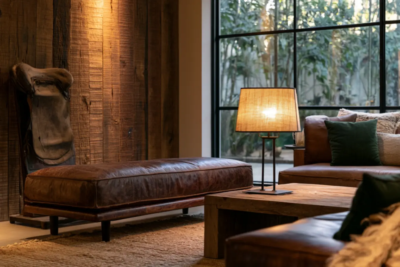 Dark brown vintage leather bench paired with rustic oak wood wall in equestrian-themed living room