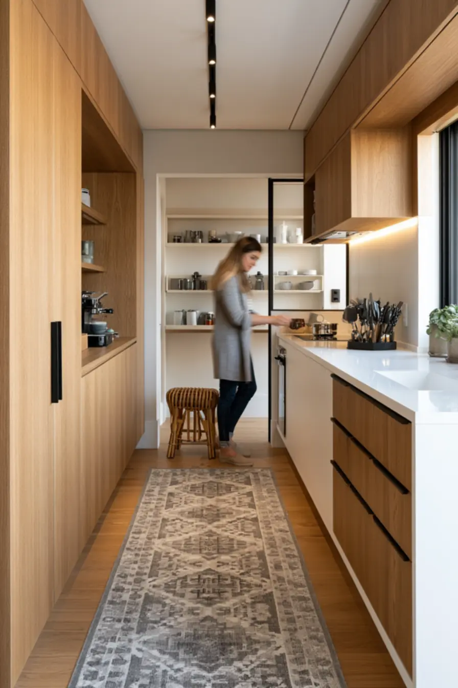 Efficient small kitchen layout with clear circulation paths and dual-purpose furniture designed for decor of small spaces