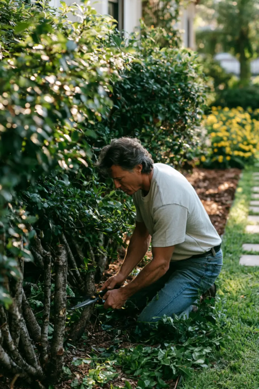 Focused gardener shaping overgrown bushes to improve natural light and buyer appeal