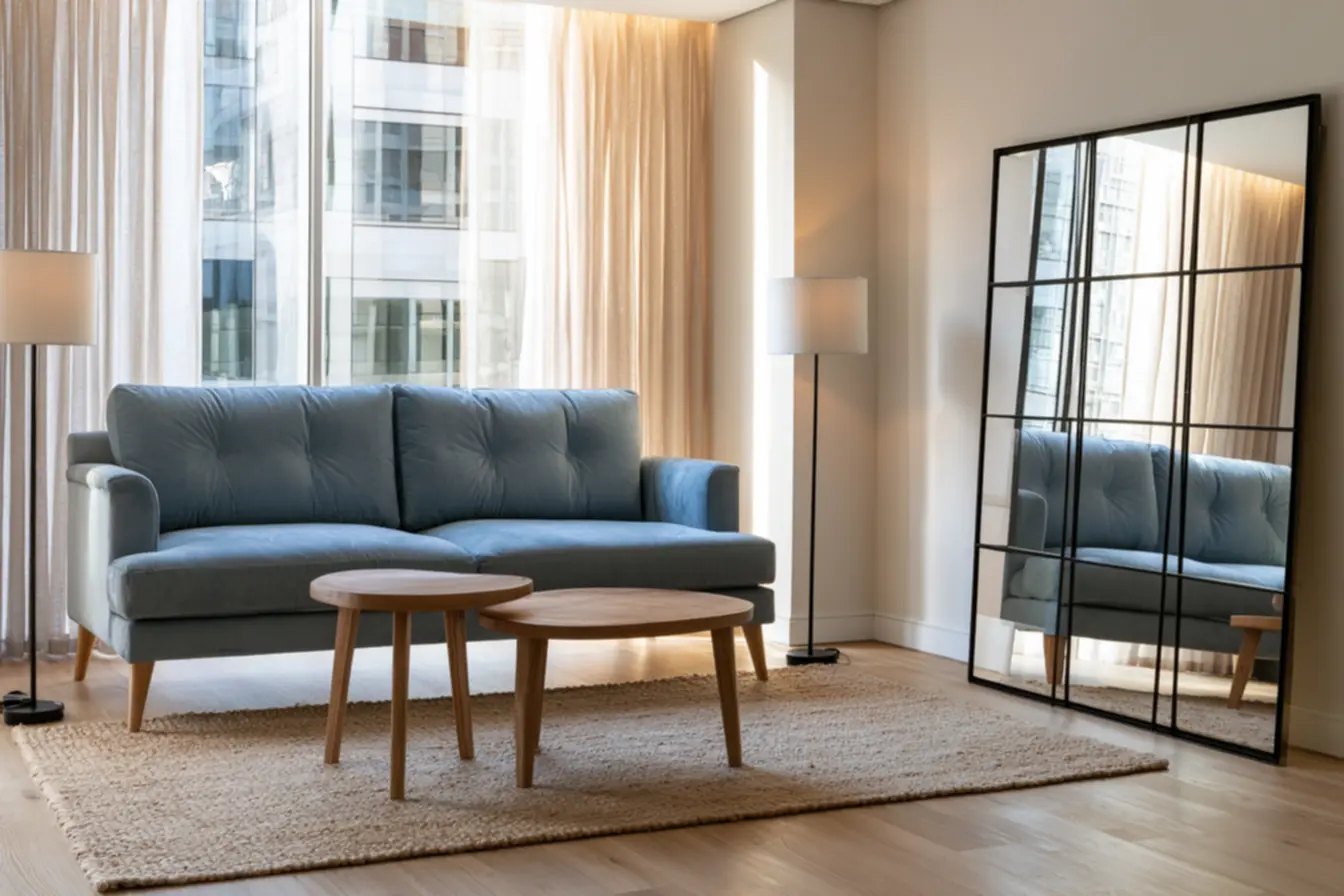 Stylish and functional small space blending velvet furniture with rustic textures for a cozy home