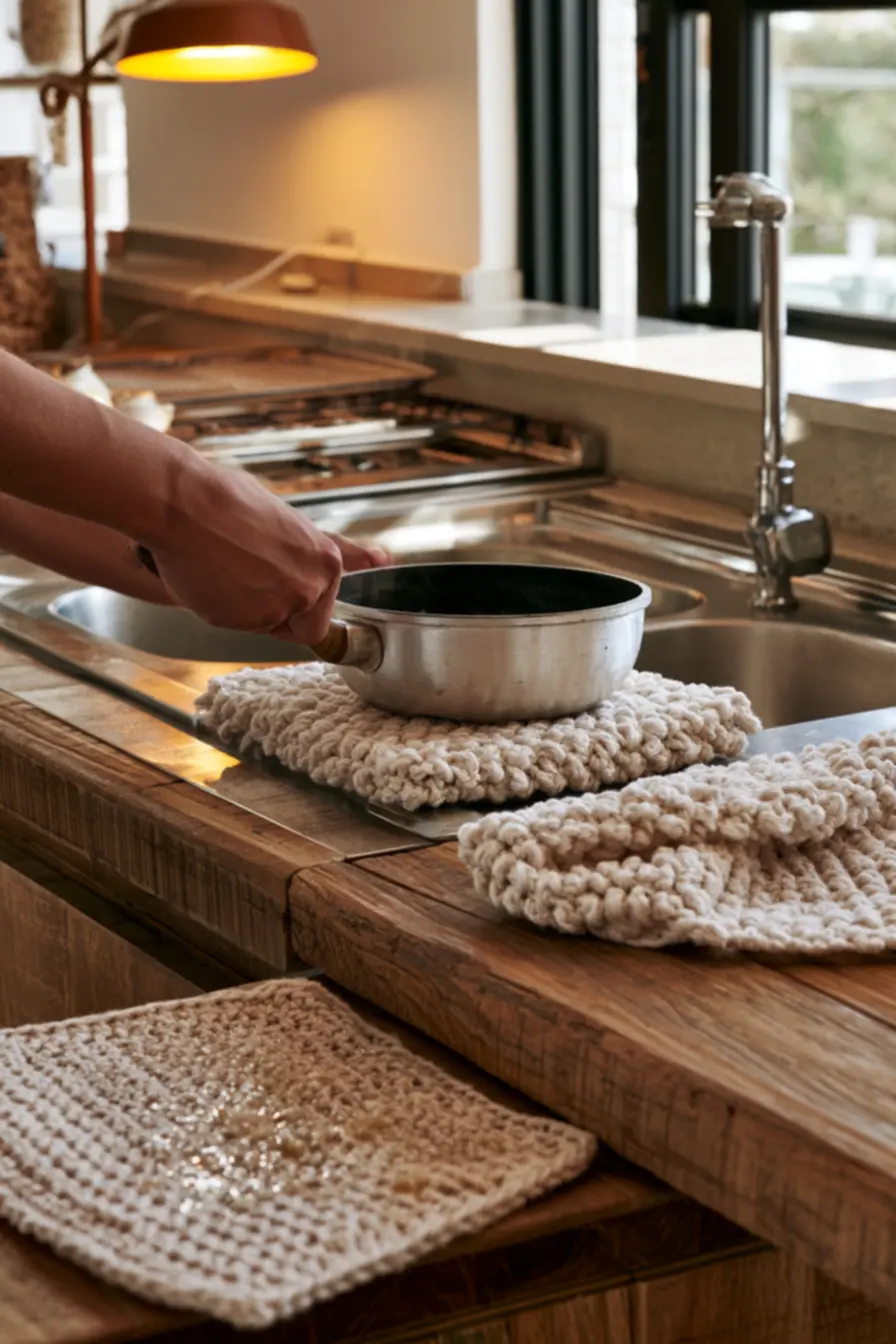 Functional crochet kitchen decor including damp crocheted dish towel showing easy care and frequent use