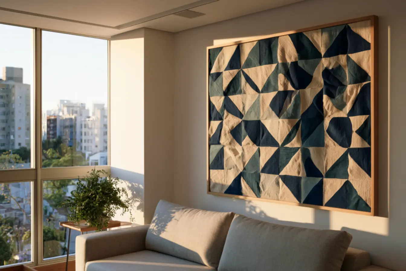 Geometric blue and beige fabric panel enhancing white walls and light gray sofa