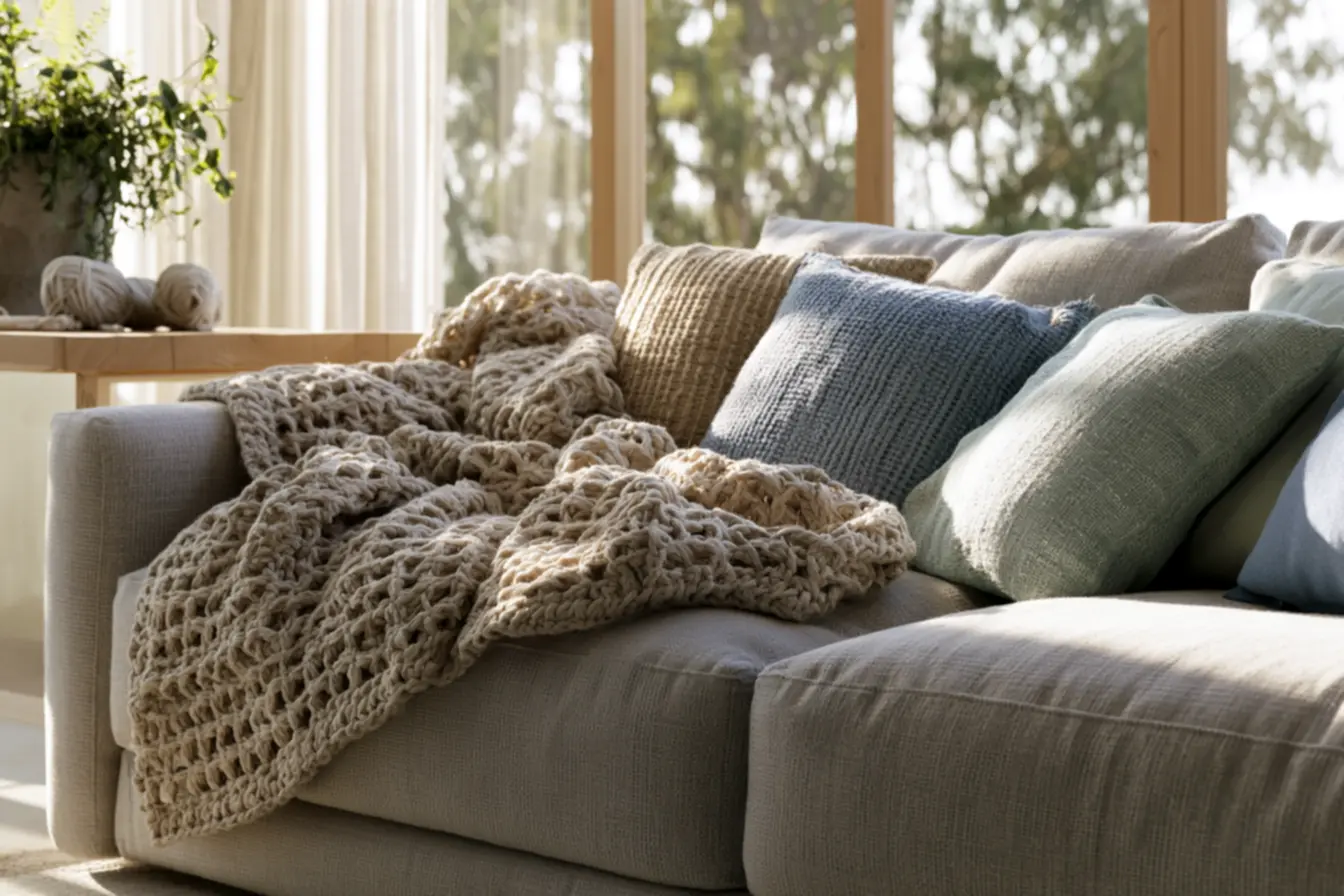 Home decor featuring durable crochet patterns with varied textured pillows in soft beige, blue, and green tones