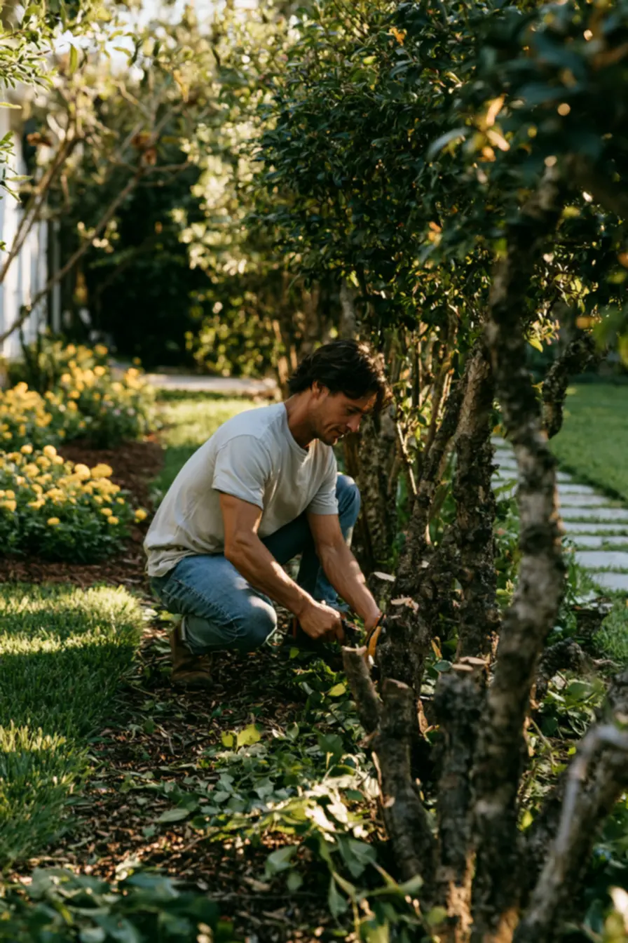 Man trimming dense garden shrub demonstrating expert landscaping for home sale