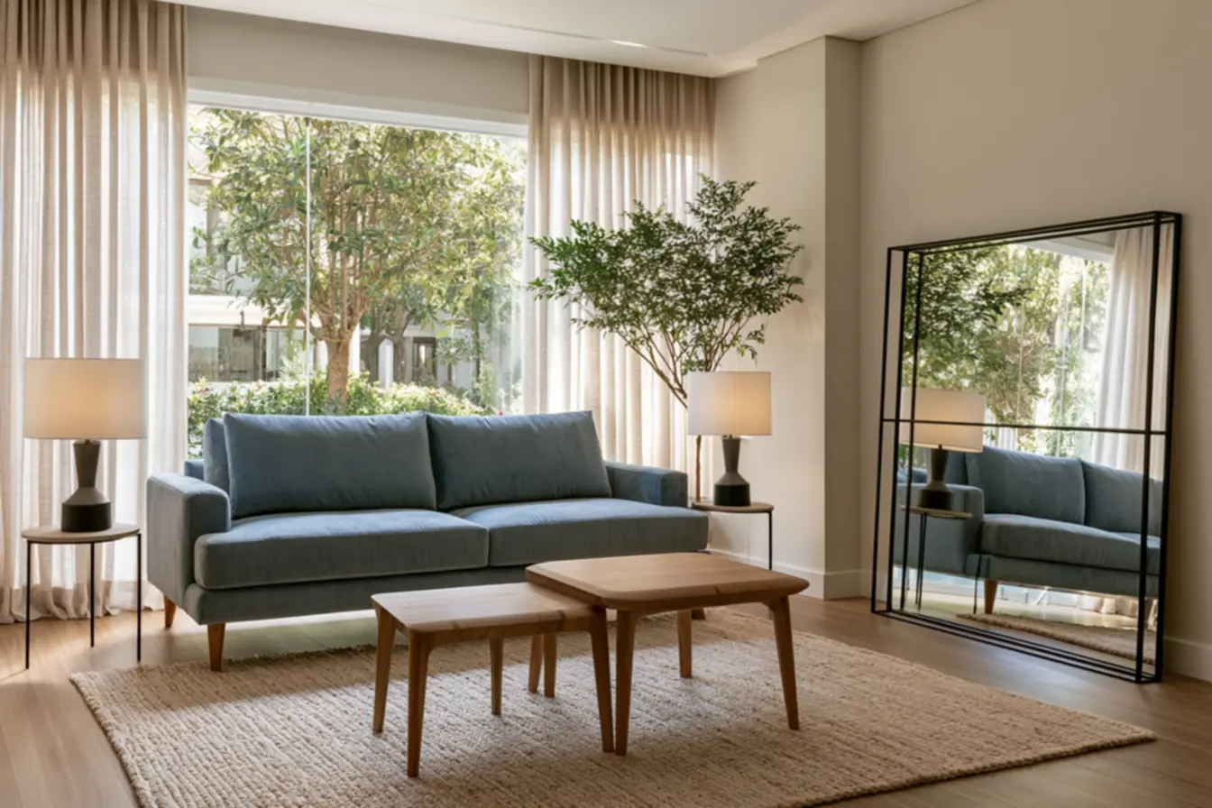 Minimal clutter small living room with light wood flooring and black matte metal lamps for soft indirect lighting