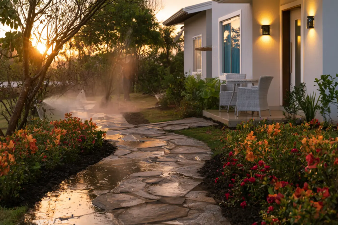 Modern outdoor seating area with solar lanterns enhancing inviting atmosphere