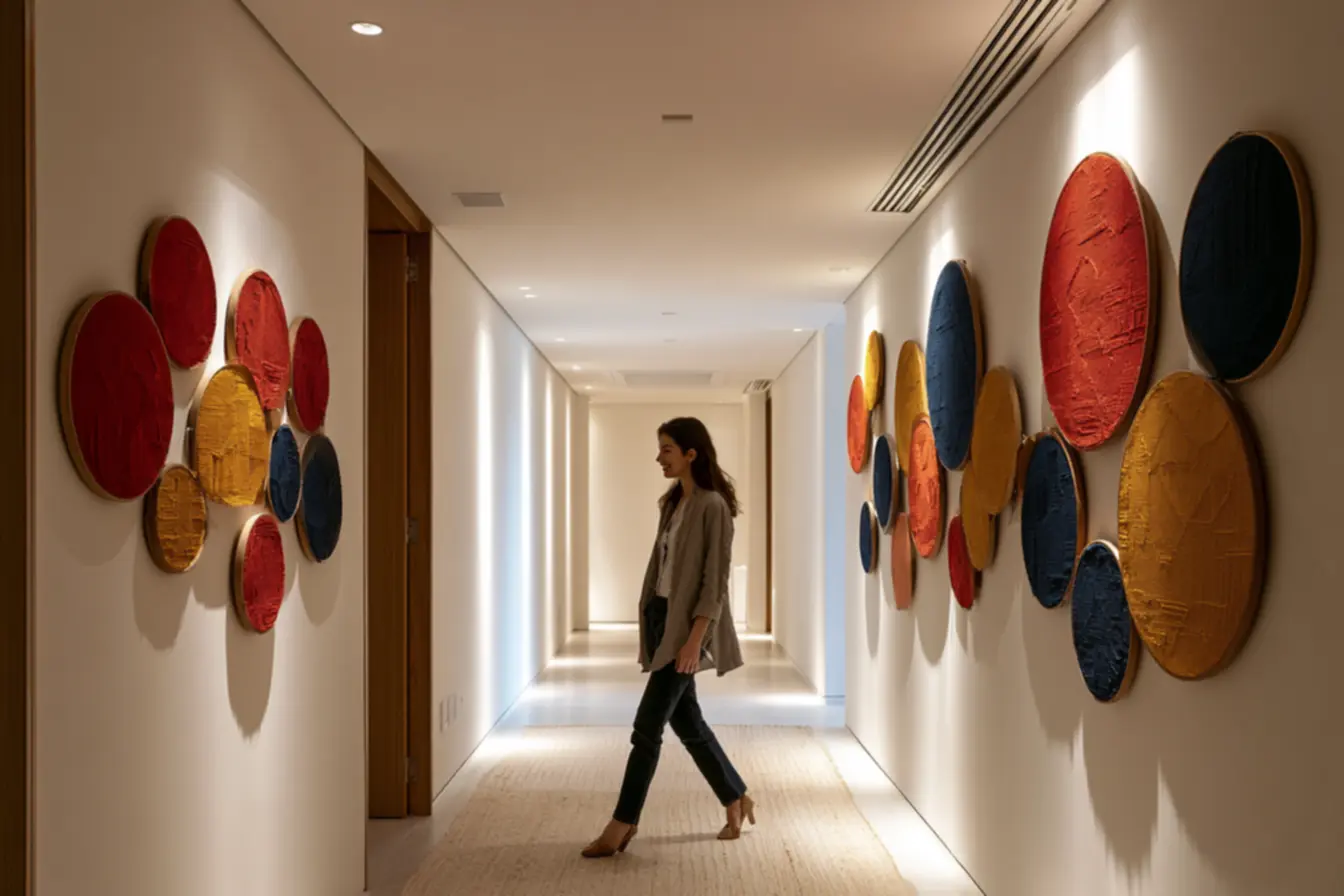 Narrow hallway decorated with vibrant embroidery hoop fabric wall art in multiple sizes