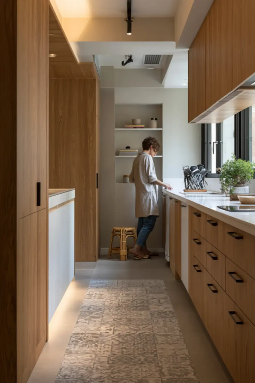 Narrow kitchen corridor with patterned runner rug and compact bamboo stool enhancing decor for small spaces