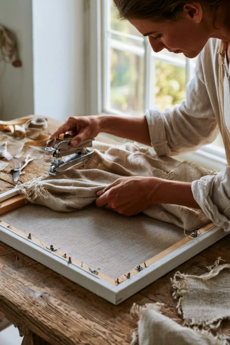 Natural light illuminating detailed fabric tension process in handcrafted wall hanging