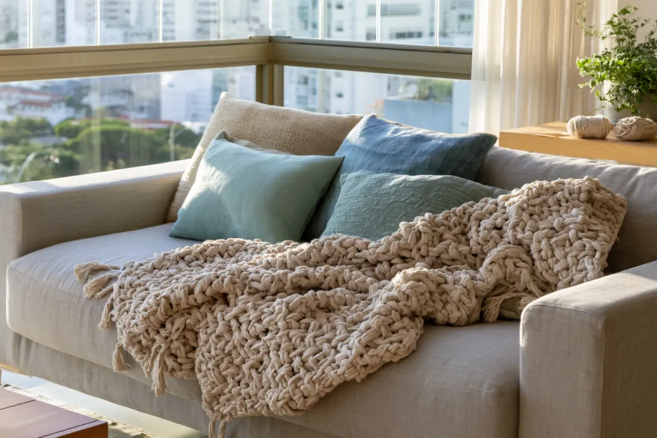 Natural sunlight highlighting cotton yarn fibers in cozy crochet throw with wooden side table and green plants