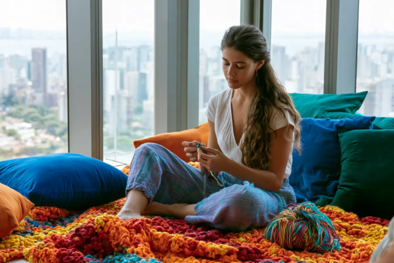 Natural sunlight illuminating rich textures of thick crocheted home decor in lively compact living area