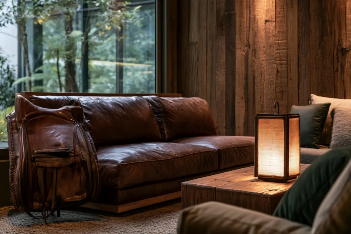 Natural wool area rug in earthy tones complementing warm leather and wooden elements in equestrian home decor