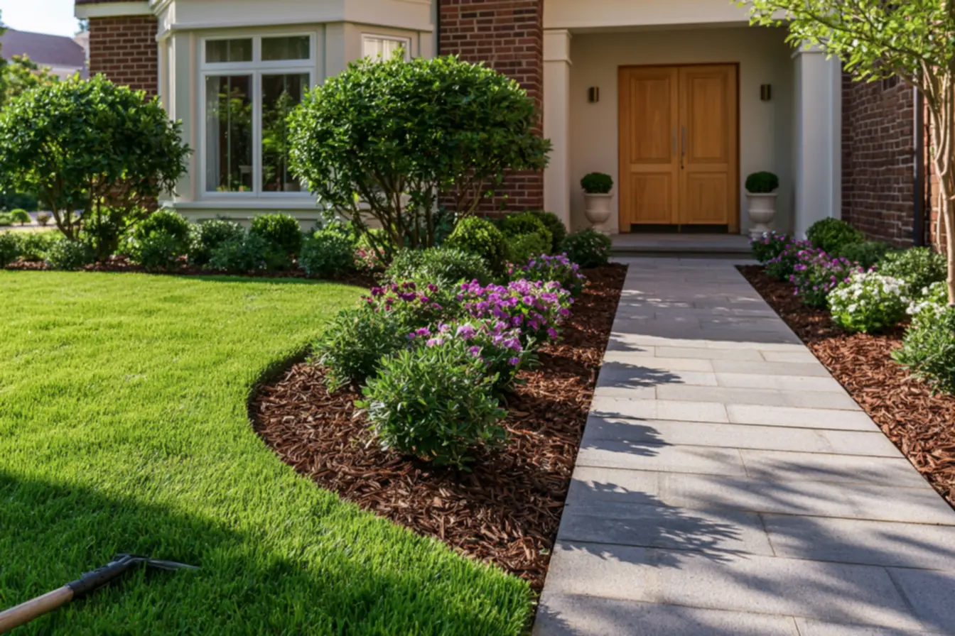 Pruned, rounded shrubs framing house facade showing meticulous garden care