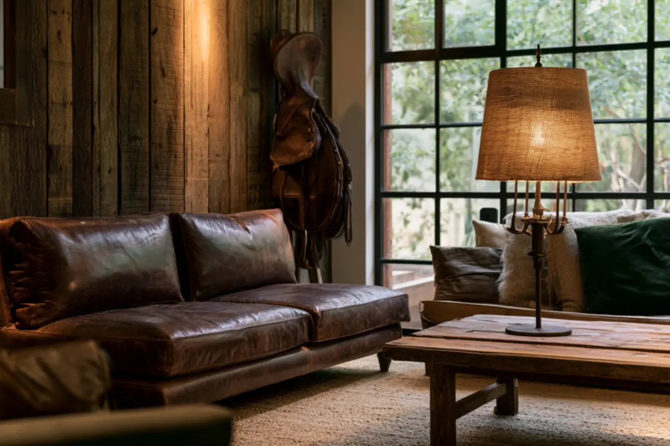 Warm lighting with rustic burlap lampshade in equestrian home decor