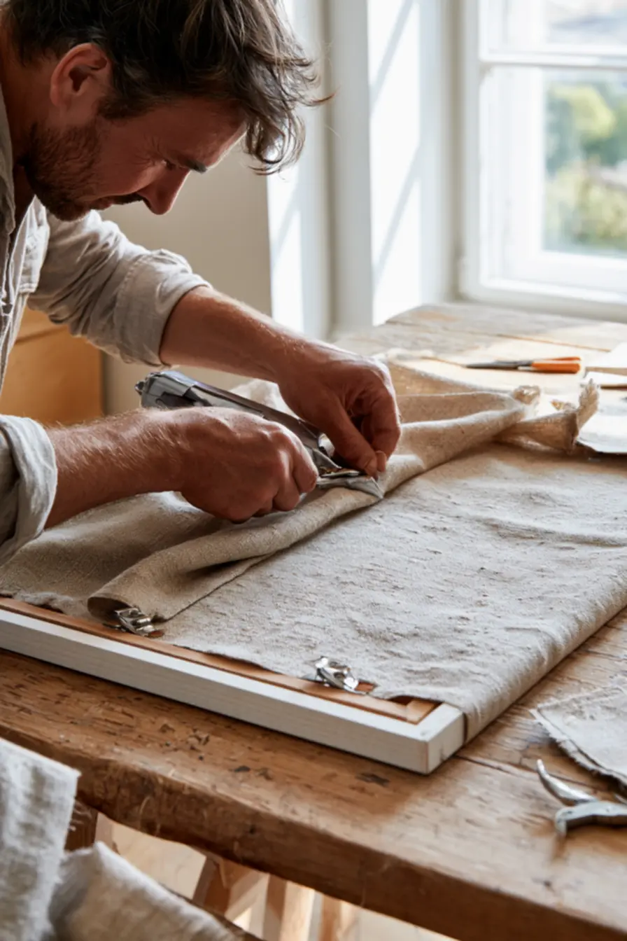 Rustic workspace with tools for mounting fabric wall art by hand