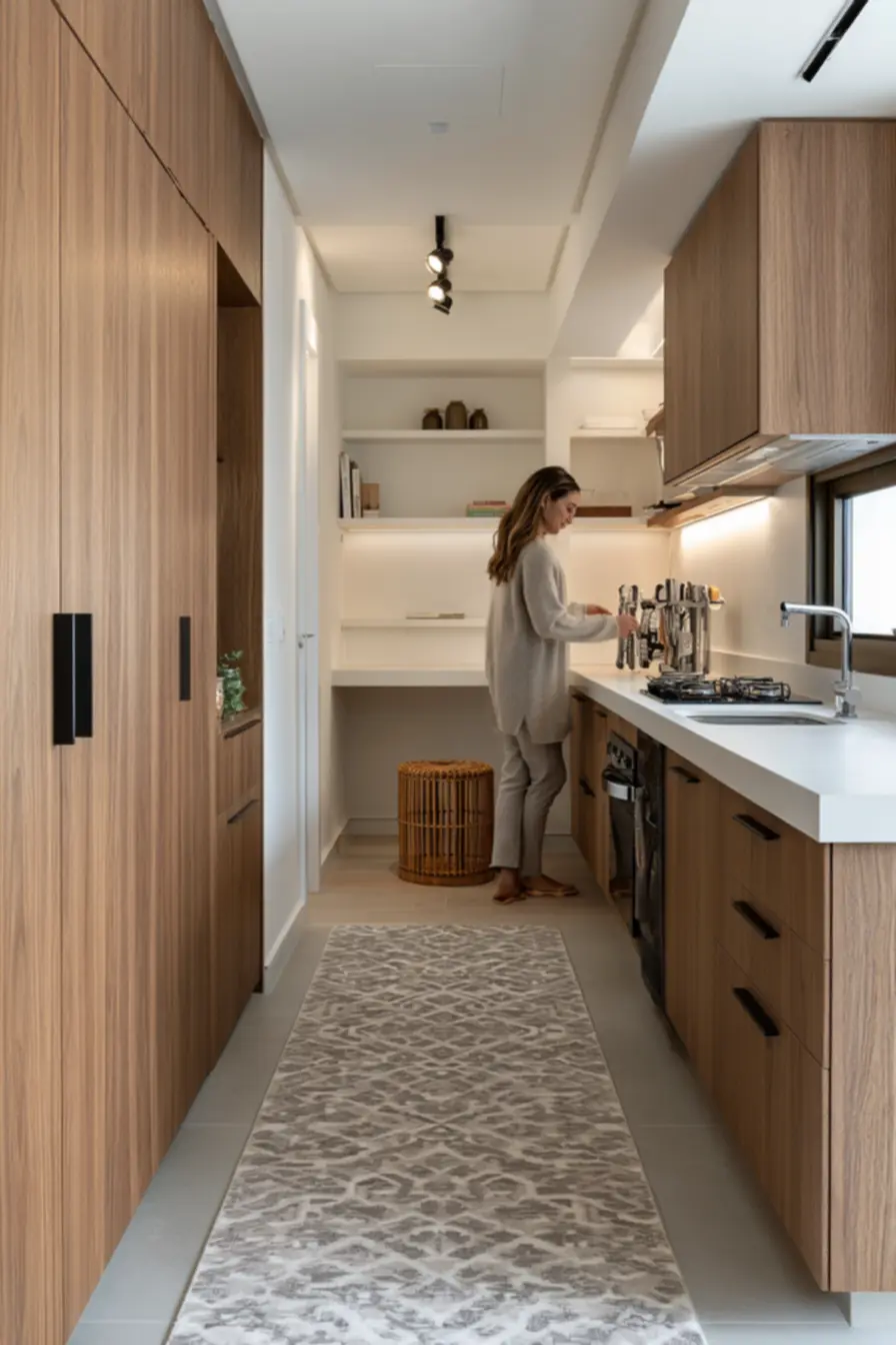 Small kitchen with medium oak cabinets, black matte handles, and white countertop for clean, efficient cooking