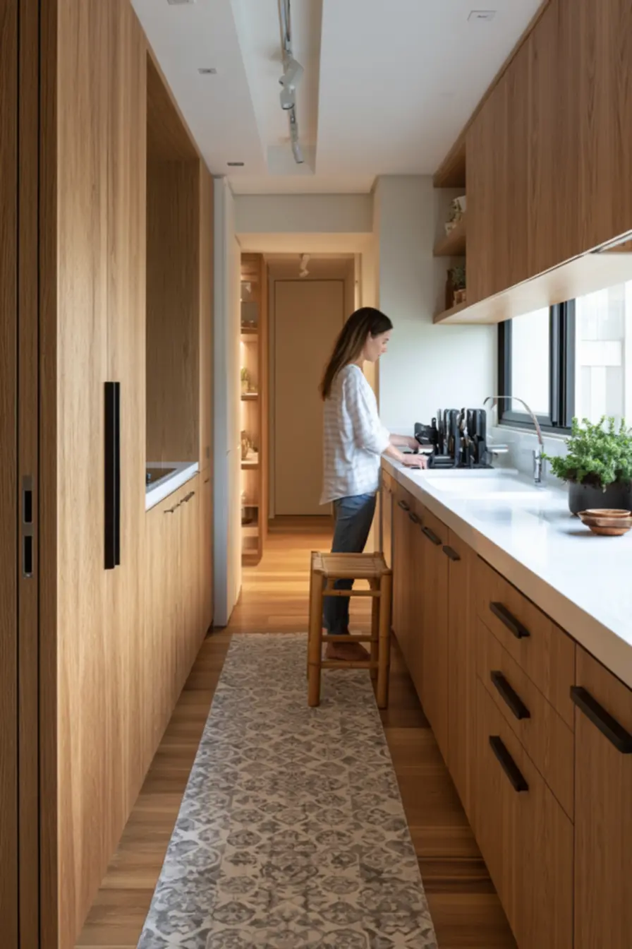 Small kitchen with foldable utensils and track lighting emphasizing smart organization for decor of small spaces