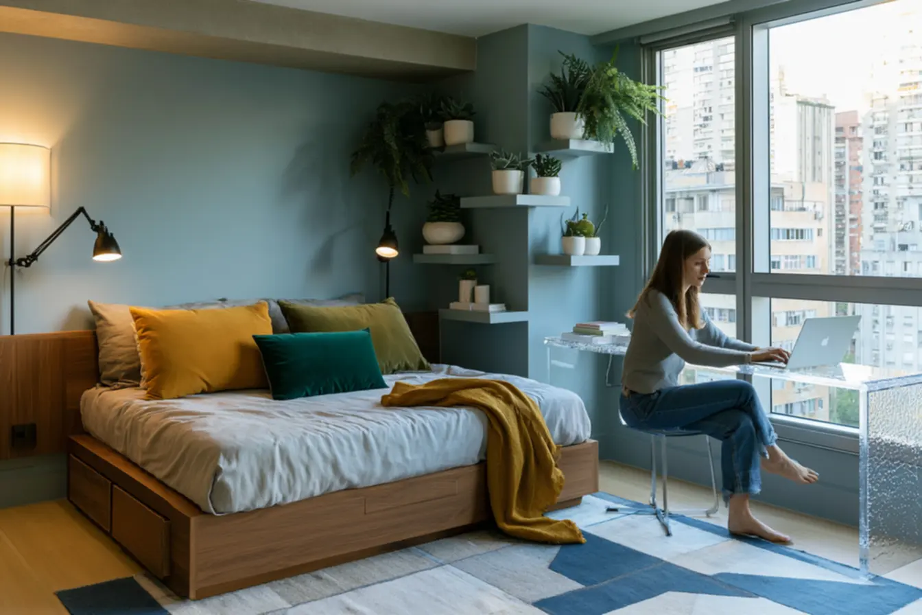 Small space decor with black matte metal wall lamps and acrylic transparent desk near window