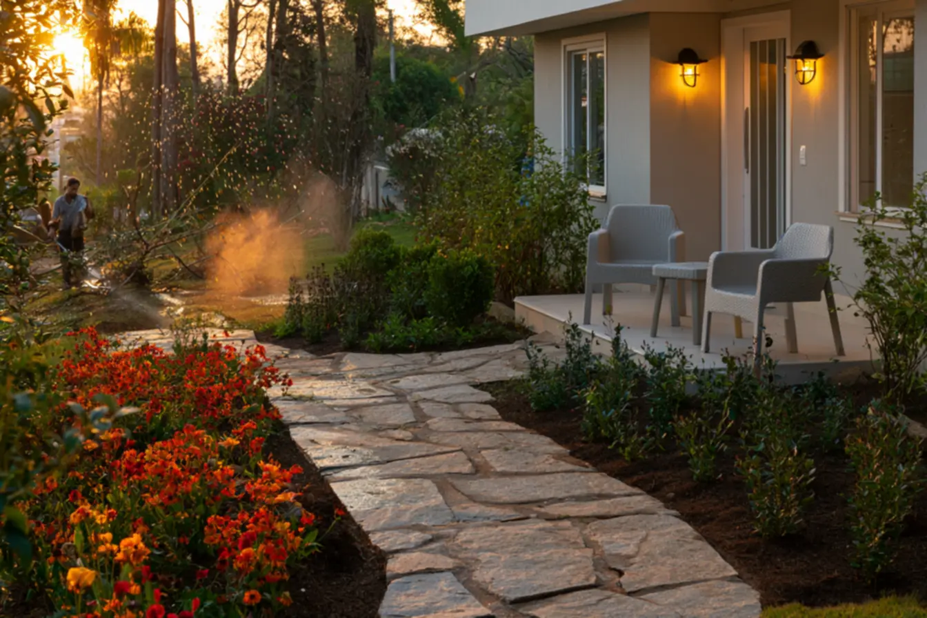 Stone pathway being pressure washed to restore pristine garden entrance appearance