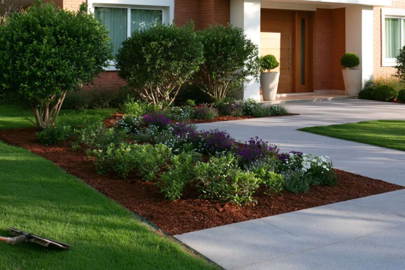 Symmetrical stone pathway leading to elegant wooden front door providing inviting entrance