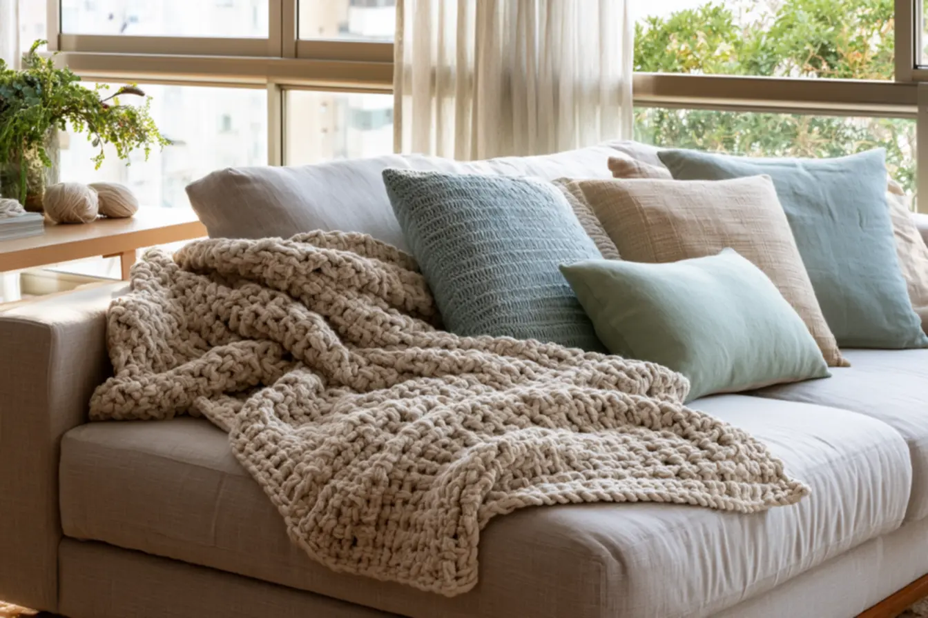 Thick woven basket stitch crochet blanket draped over light gray linen sofa showcasing durable crochet patterns for home decor