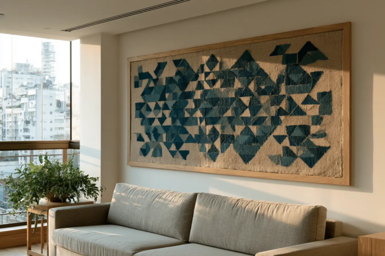 Serene fabric wall hanging complementing wooden side table in cozy room