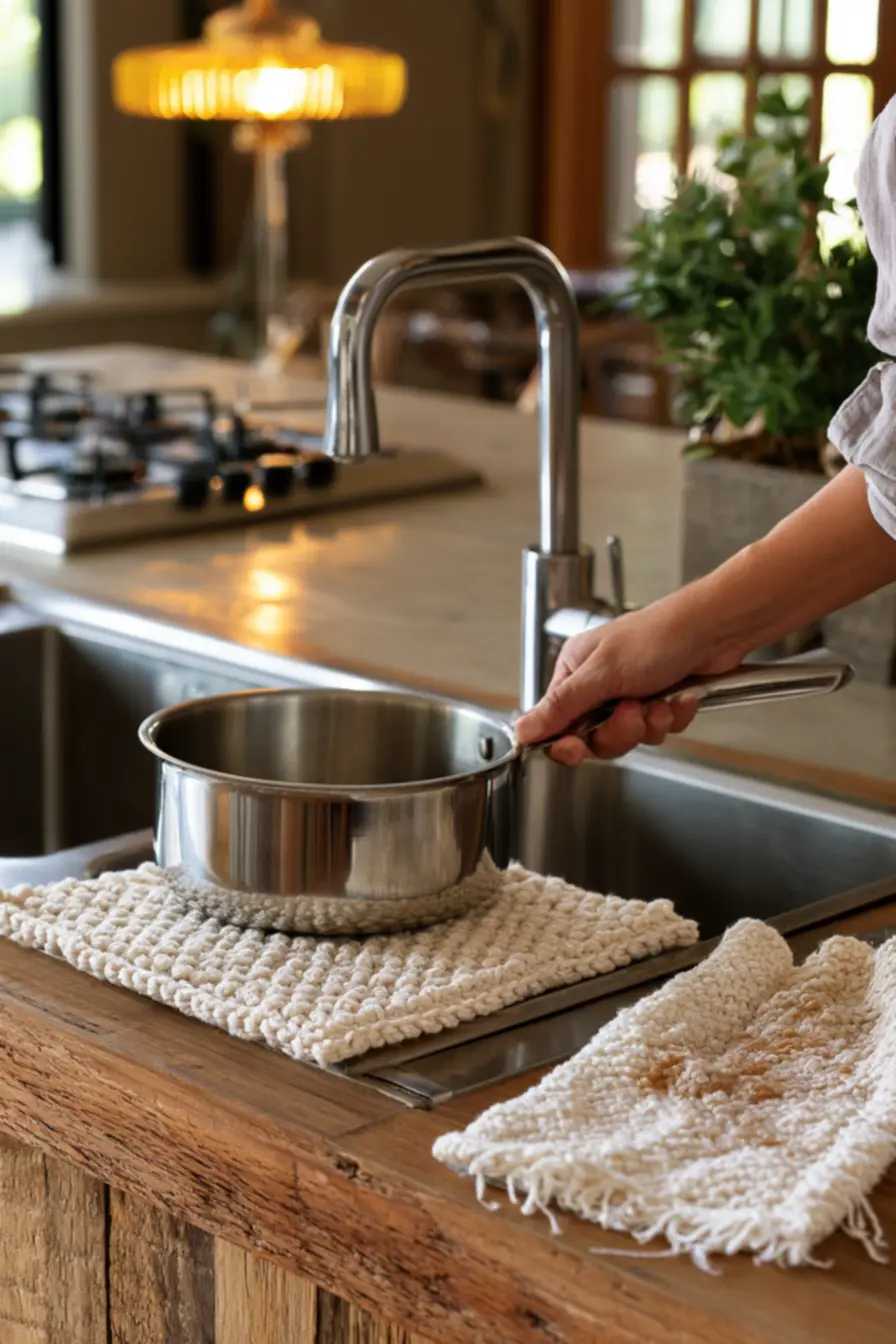 Yellow artificial kitchen lighting emphasizing durable and washable crochet patterns for everyday practicality