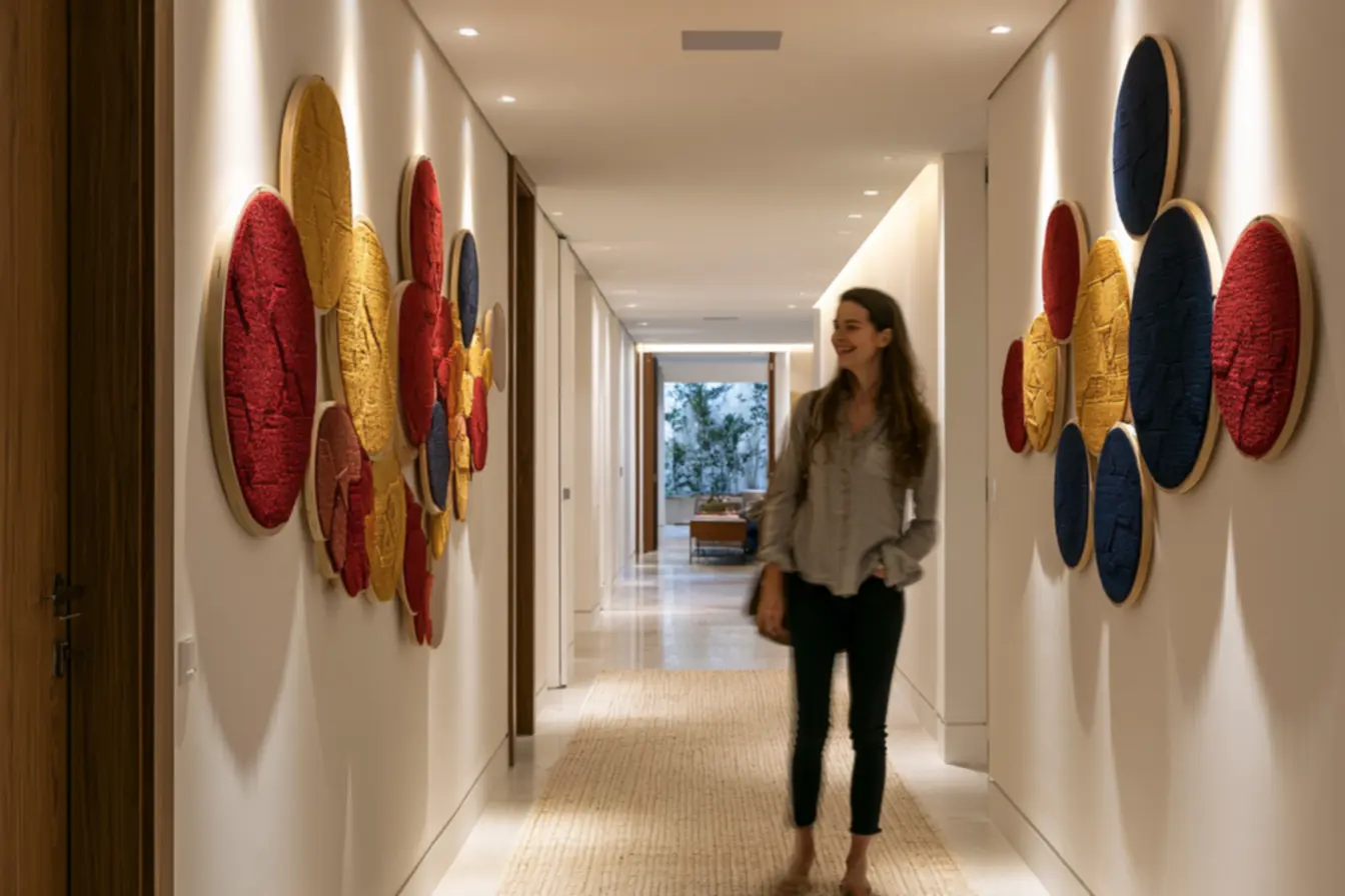 Young person enjoying dynamic fabric wall display in contemporary home corridor
