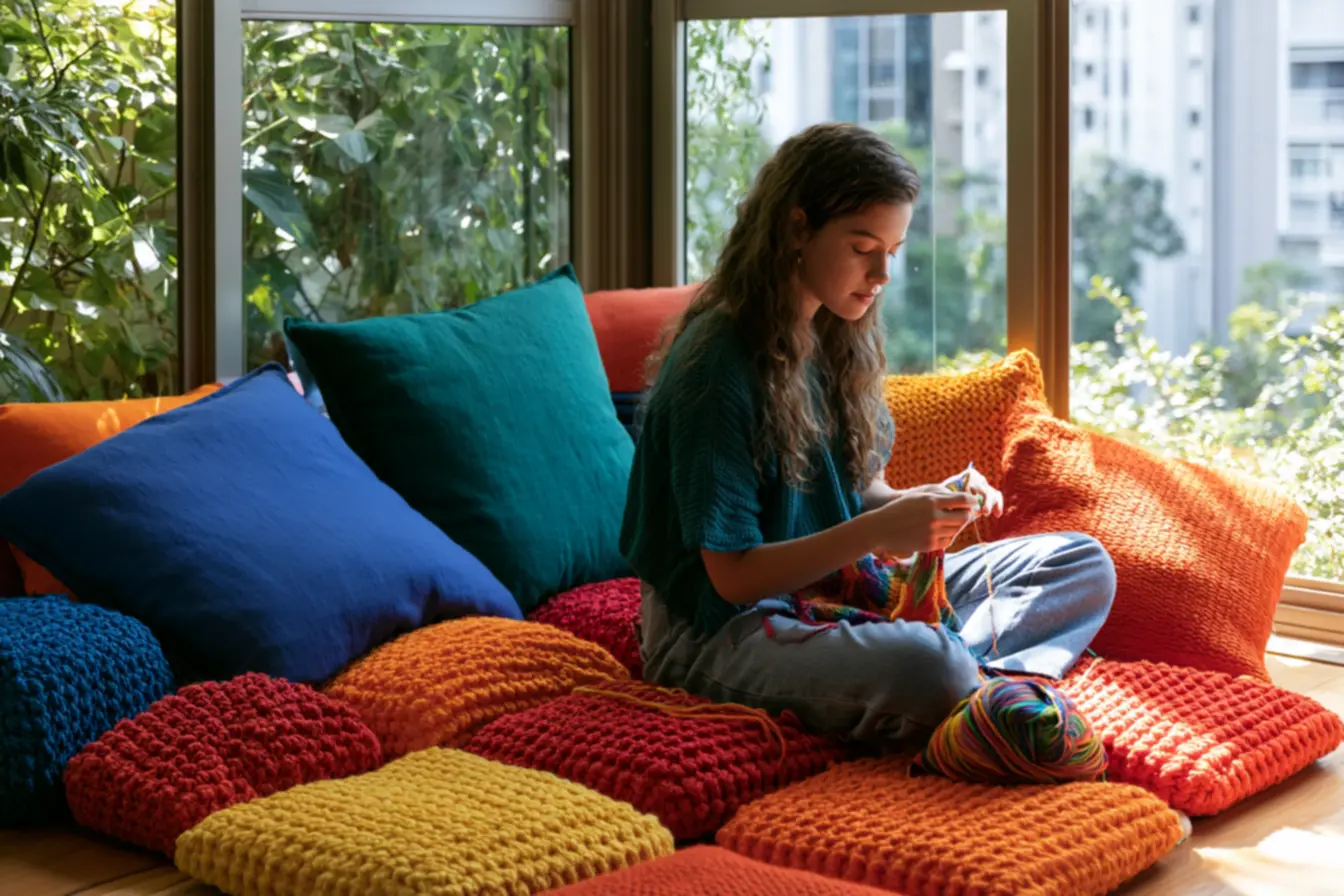 Young woman crocheting surrounded by colorful crochet cushions and balls of multicolored yarn
